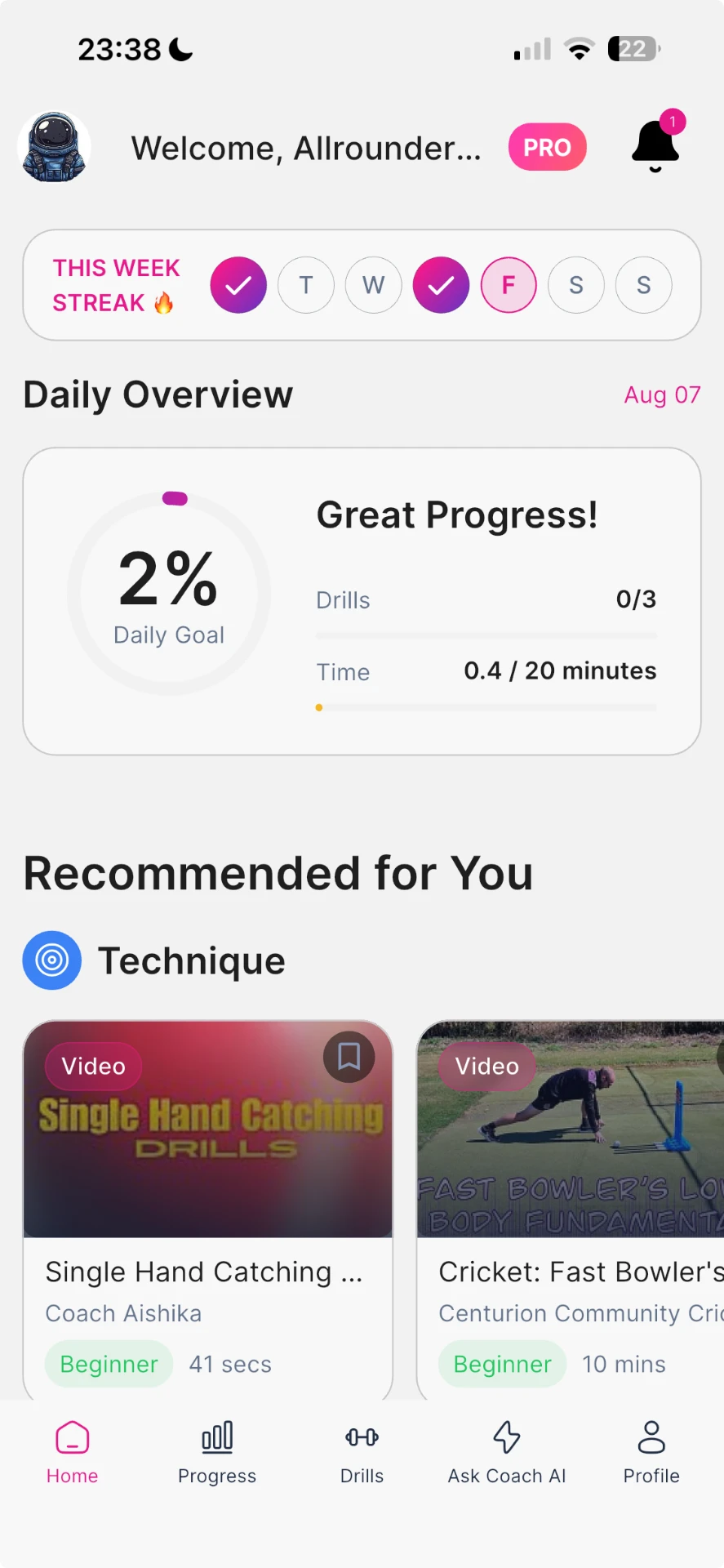 Striide app home screen showing a player's daily training goal and recommended drills