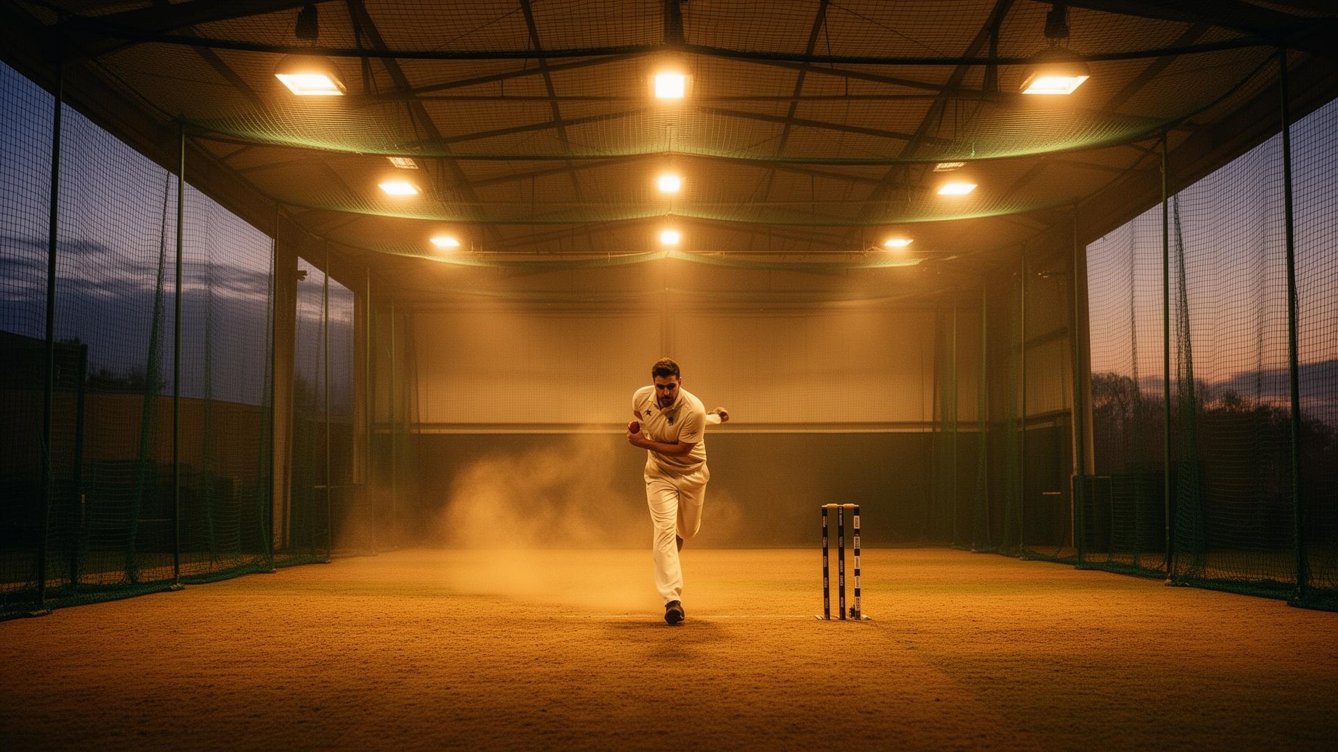 Indoor cricket nets at dusk