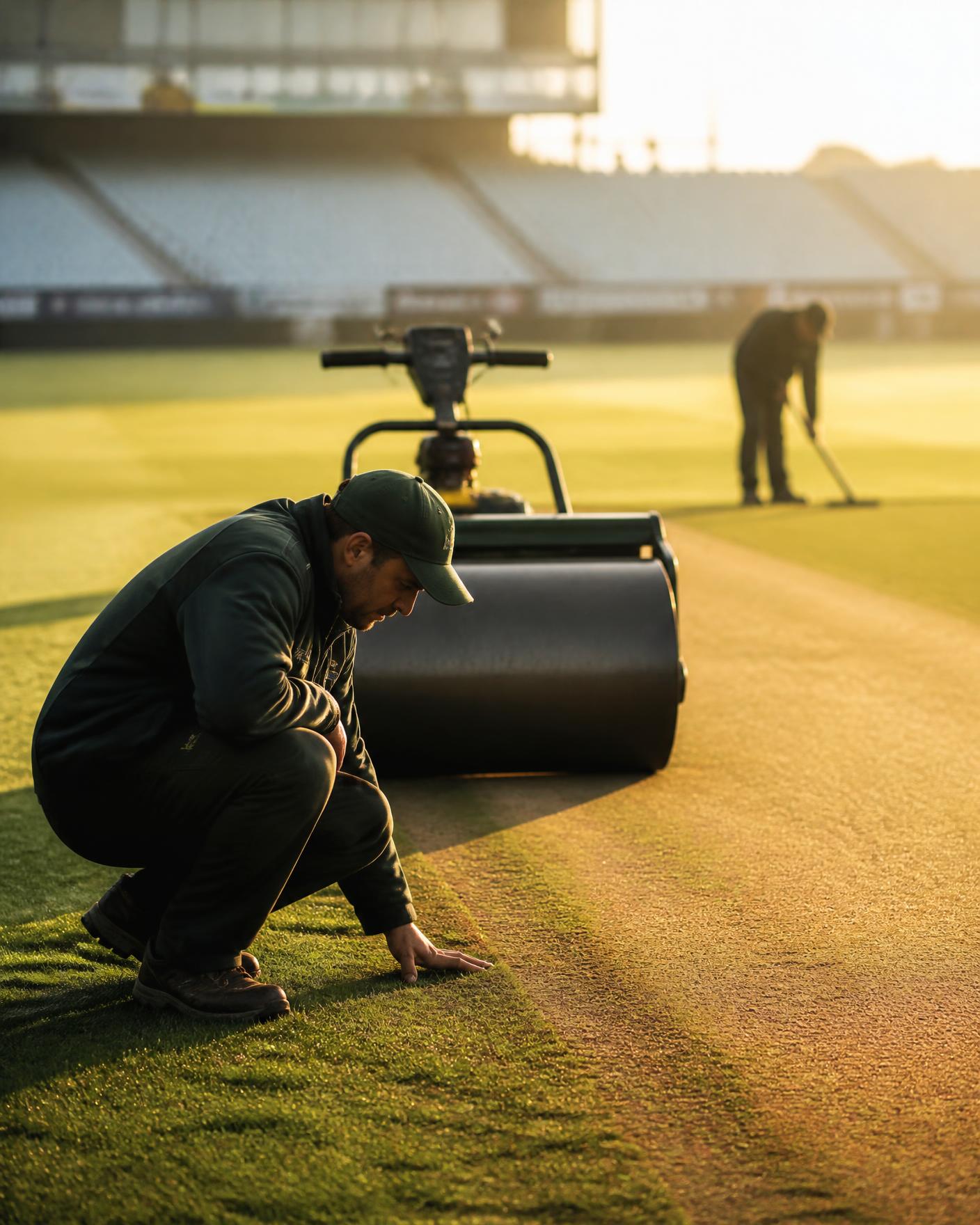 Groundstaff preparing a turf wicket at a Global Cricket School venue