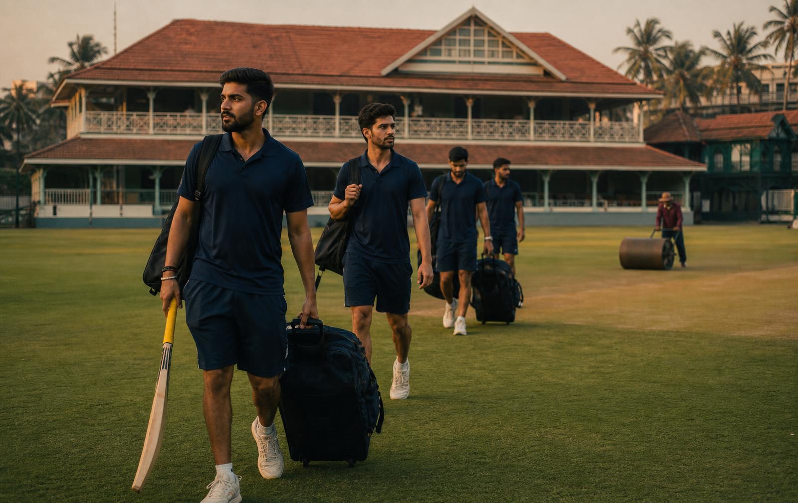 Touring squad crossing the outfield at a heritage Mumbai ground at golden hour